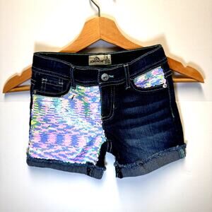 ordache Girls Denim Shorts Size 6 Iridescent Sequin Details Cuffed Dark Wash